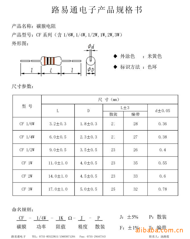 路易通碳膜电阻规格书_电子元件001