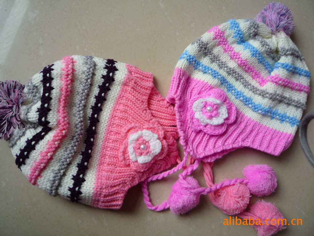 韩版冬女宝宝毛线帽,少女帽,纯手工编织粗毛线