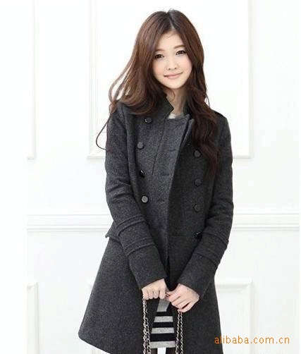 2112#韩版女装羊毛呢大衣长袖立领外套双排扣