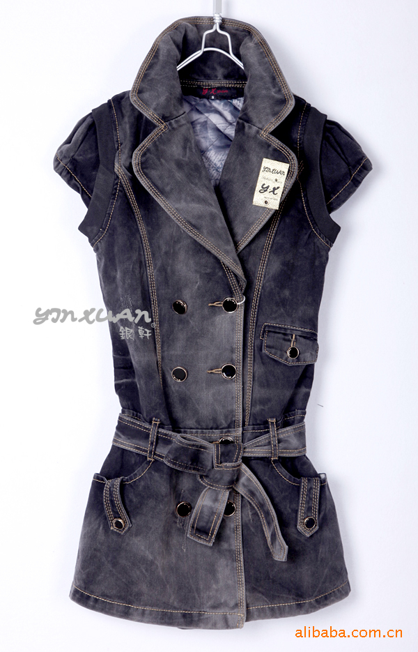 批发日韩冬季<em>时尚</em>有腰带<em>加棉长款</em>牛仔<em>马甲</em>外套
