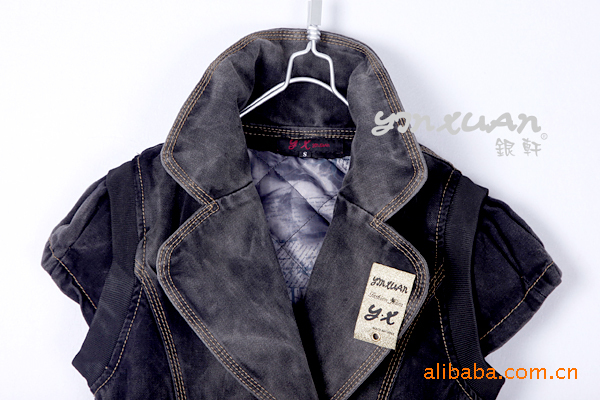 批发日韩冬季<em>时尚</em>有腰带<em>加棉长款</em>牛仔<em>马甲</em>外套