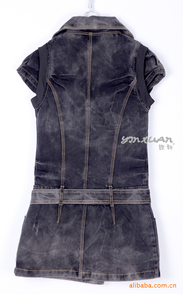 批发日韩冬季<em>时尚</em>有腰带<em>加棉长款</em>牛仔<em>马甲</em>外套