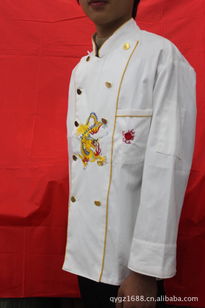 厨师服 衣身绣龙腾图案 立领白色厨师装 可批发