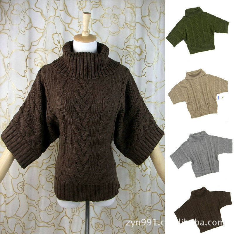 外贸<em>秋冬</em>大码<em>女装毛衣</em>美国原单粗针高领蝙蝠七