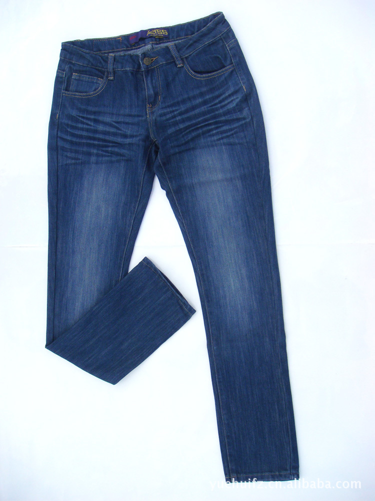 新塘牛仔抽褶水洗白牛仔裤 新款女款微喇直筒