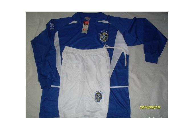 经典版复古足球蓝色长袖巴西国家队世界杯球服