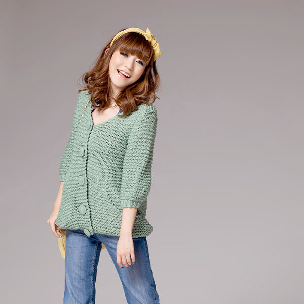 秋冬新品粗棒针钩织<em>七分袖</em>V领<em>开衫毛衣外套</em>免