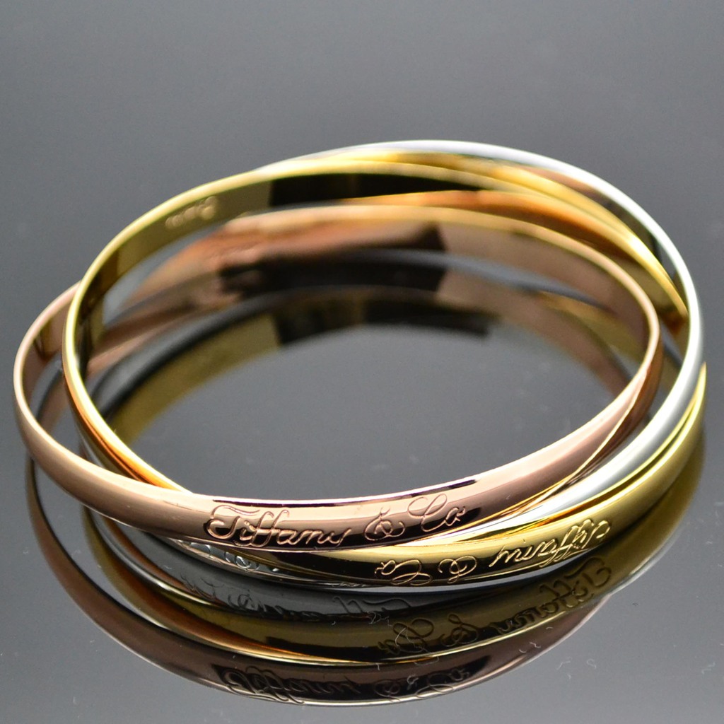 手镯三色镀真白金 18k真金和玫瑰金三环三色手