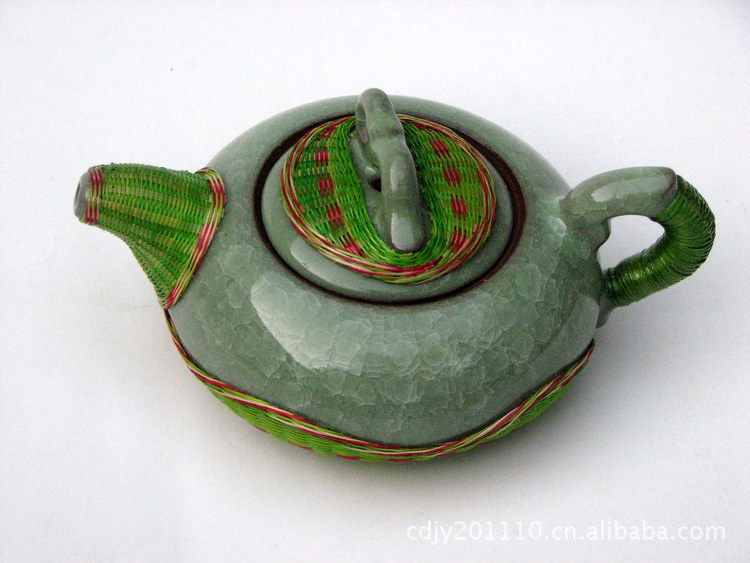 瓷胎竹编茶具冰裂纹B02 四川成都特产\/工艺品