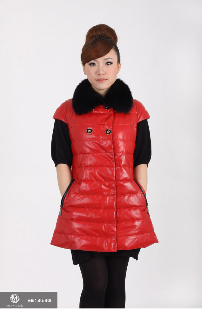 【米歇尔 <em>进口</em>绵羊皮 狐狸毛领 <em>羽绒马甲</em> <em>女士</em>长