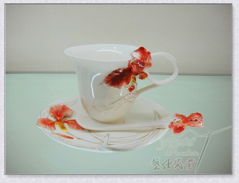 精美立体花卉艺术咖啡杯 珐琅瓷炫金紫罗兰水