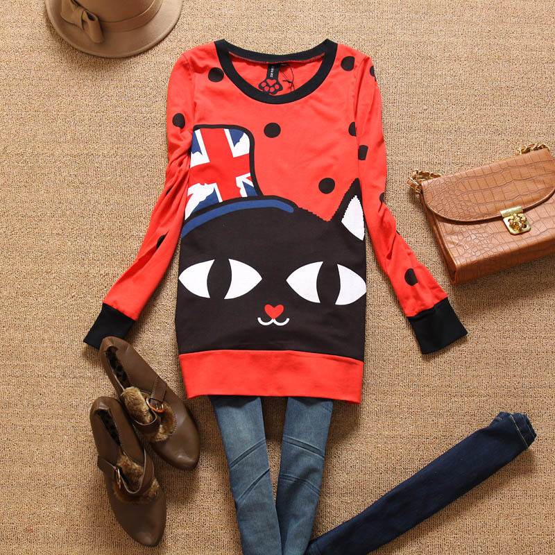 【批发女式T恤秋装<em>外贸少女装</em>大脸猫套头长袖