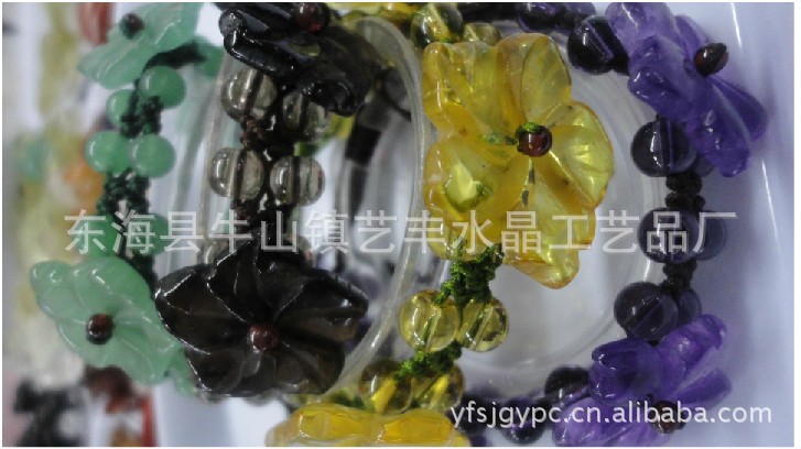 天然绿东陵雕刻手编紫荆花手链 水晶礼品 时尚饰品 手工编织花链