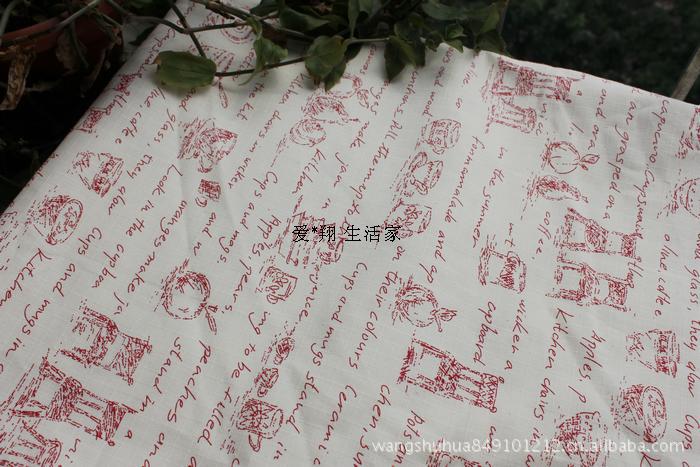 日本订单棉麻布-英文凳子茶杯 3色选 1.4米宽 红