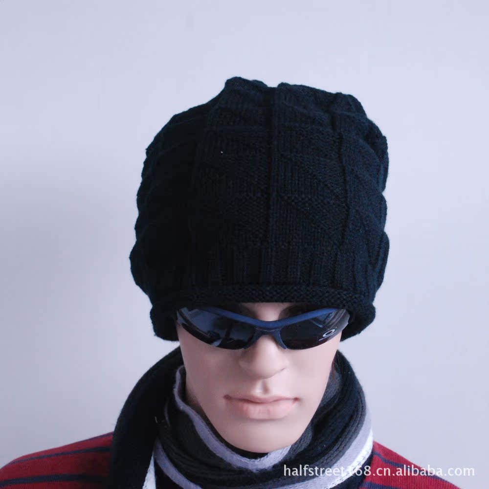 秋冬男士针织毛线帽加大头围三角花纹气质男帽