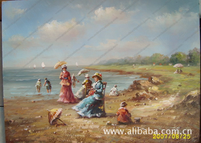 沙滩景油画-100%纯手绘油画,亚麻布画帆布画