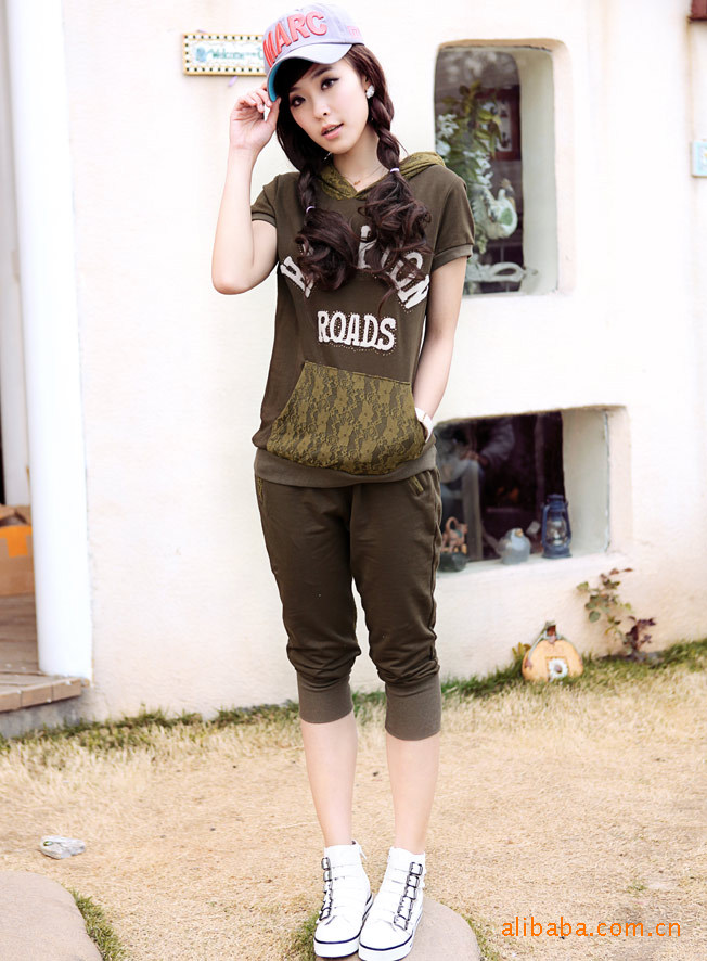 【韩服批发 女装批发代销 连帽短袖 七分裤 休闲