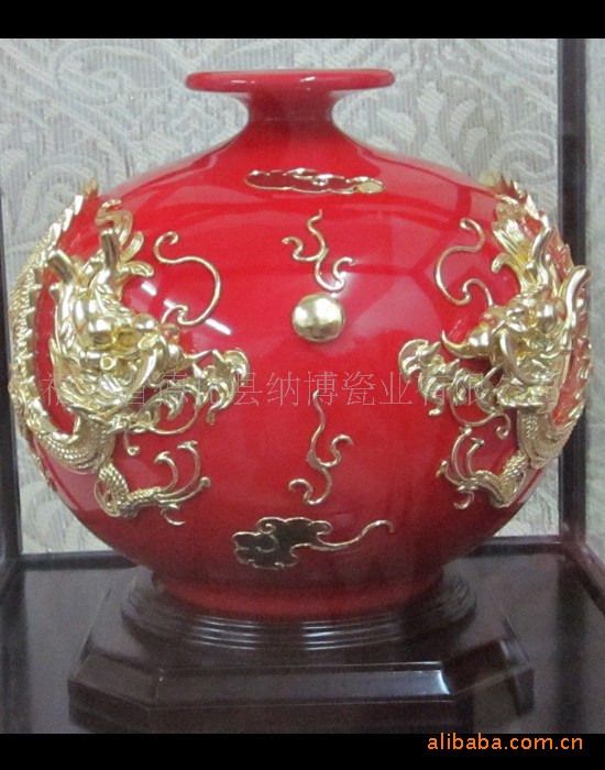 德化陶瓷中国红瓷双龙天地方圆漆线雕【可定制