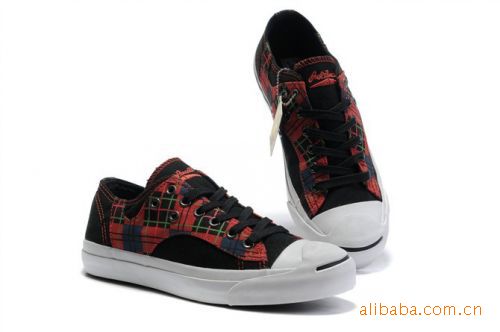 主打 匡威四月新款 开口笑红黑格子布低帮帆布