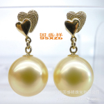 【国盛祥】11-12mm 金色南洋珠 大珍珠 天然珍珠耳钉 送证书