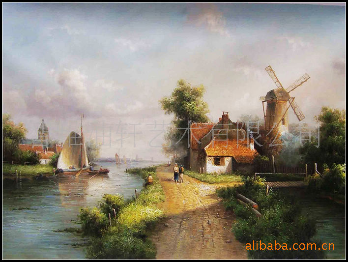 供应荷兰码头 ,荷兰风景码头油画,现代码头油画,中式码头油画