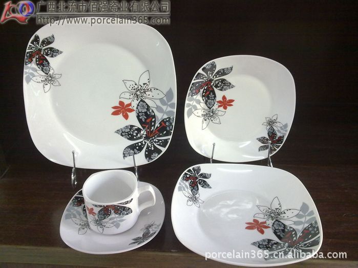 【【方型20头餐具\/款式三】高温瓷 贴花加工 日