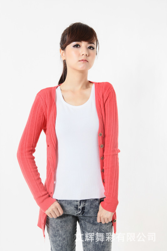 【韩版女式长袖纯色条纹新款 <em>织衫</em> <em>开衫</em>铜<em>纽扣</em>