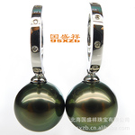 【国盛祥】 11-12mm 18K白金镶钻 大溪地黑珍珠 耳环