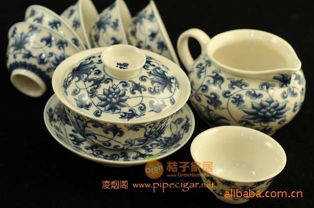 恒福茶具 恒陶青花 仿古洋莲盖碗半组 功夫茶具八件套