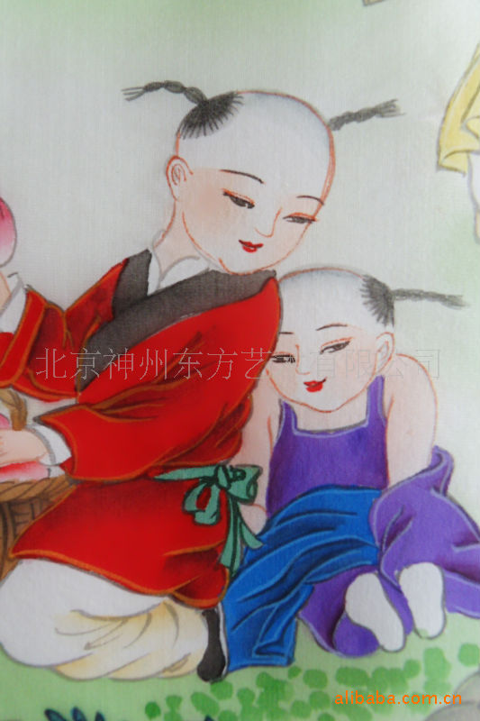 国画字画童子图百子图绢画26*38cm戏婴图小孩北京厂家