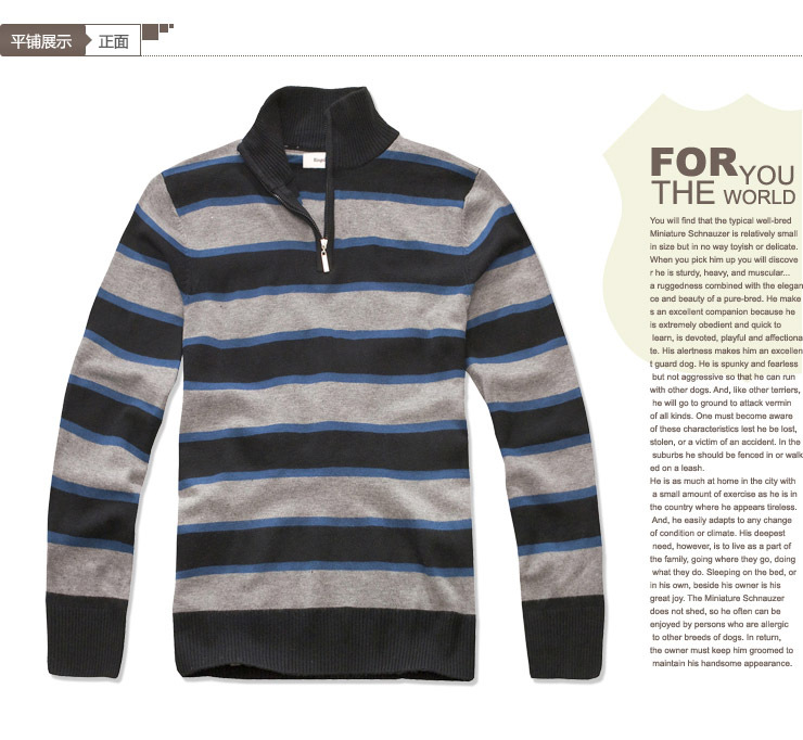 高档三色横条纹 立领拉链<em>男士商务休闲毛衣</em> 图