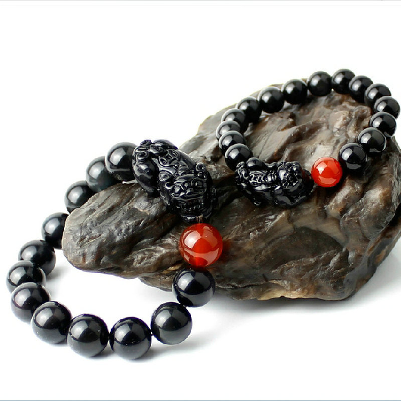 双福辟邪 天然彩虹眼黑曜石貔貅情侣手链 男女