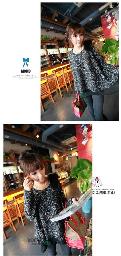 内衬雪纺<em>双层</em>A字混<em>织毛衣</em>带毛<em>领</em>拼接上衣 代理