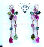 水晶耳钉 碧玺耳盯 925银玫瑰金镶钻 天女散花 粉红碧 黄碧