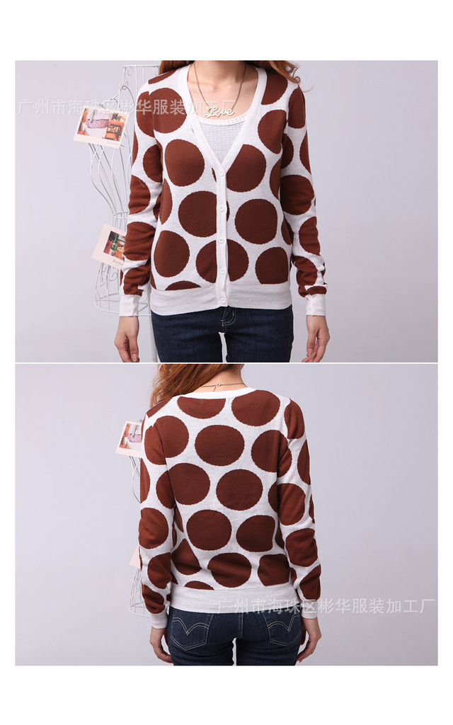 日韩新款女式毛衣<em>开衫</em> <em>女秋装</em>大波点<em>长袖</em>上衣