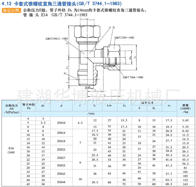 卡套式锥螺纹直角三通管接头GB\/T3744.1-198