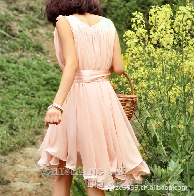 淑女气质荷叶边短款无袖雪纺大摆连衣裙伴娘吊