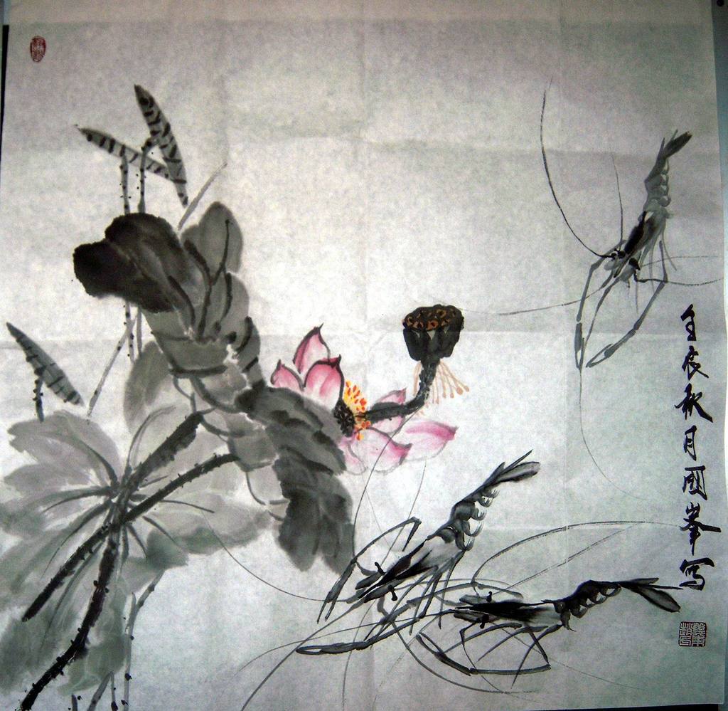 当代水墨画家赵国峰国画作品荷花大虾