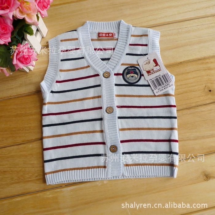 【哆啦小贝3058 男童<em>女童</em> <em>条纹</em>前开<em>马甲</em> <em>毛线</em>衣