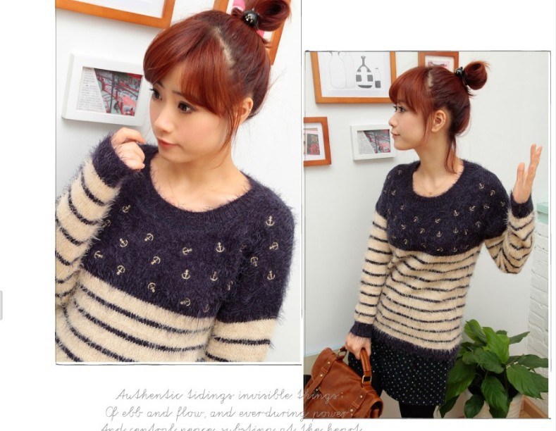 2012<em>新款</em>日系海军风船锚刺绣条纹<em>毛绒</em>修身打