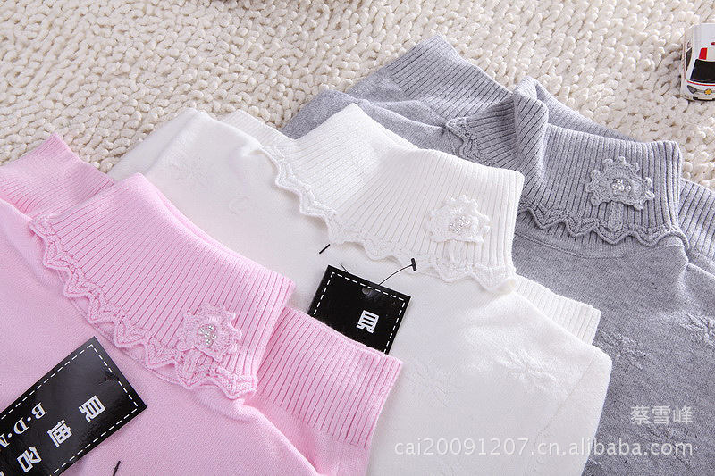 ~韩版全棉纯色提花针织打底衫~中大童珠花高