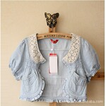 三标齐全 W**.P正品!2012夏季精致款蕾丝领牛仔布淑女开衫浅色