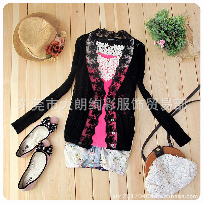 秋款薄镂空<em>女针织</em>衫 短款蕾丝长袖<em>针织开衫</em> 日