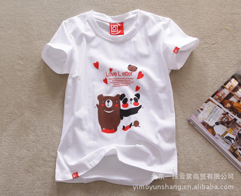 <em>女装CLOT</em>桃心情侣熊卡通图案 白色纯棉短袖T