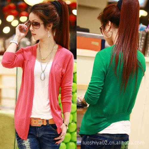 新款 <em>不规则</em>下摆 糖果色<em>无扣开衫</em>长袖针织衫明