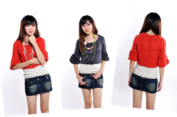 【韩国服装艳丽<em>马海毛</em>灯笼袖<em>开衫短款毛衣</em>】价