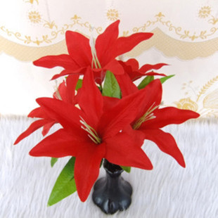 仿真百合花/绢花/布花/装饰花艺/婚庆花批发-5头红色百合花束