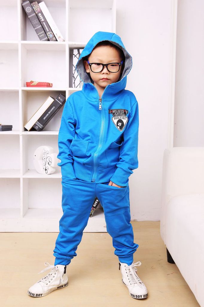 秋冬款男童套装 蓝色韩版长袖儿童运动卫衣套