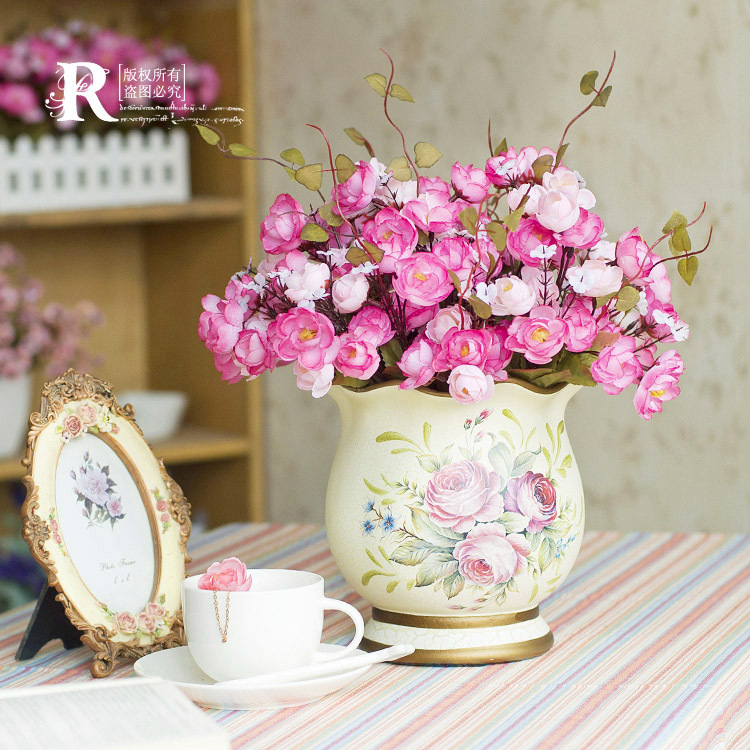 式手绘陶瓷小花瓶仿真装饰花绢花小蔷薇花器家