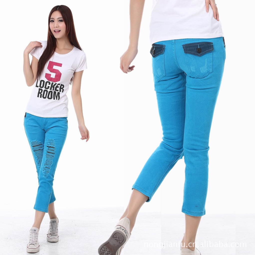 特批 V-MTX威度 女式牛仔裤批发 春夏装破洞牛